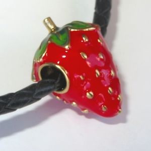 Cute Enamel Strawberry "Summer Delight" Necklace On Black Woven Leather Cord